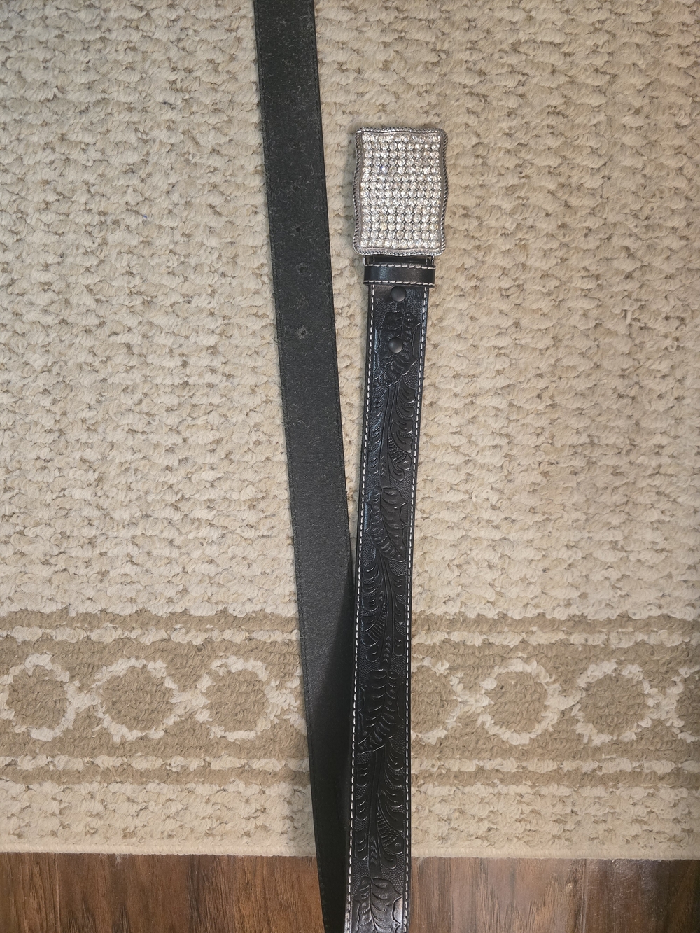 Black Leather Tooled Belt with Crystal Buckle
